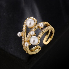 fashion copper 18K gold zircon pearl irregular hollow open ring female