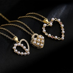 Collier pendentif en forme de coeur creux avec perle de zircon en or 18 carats plaqué cuivre