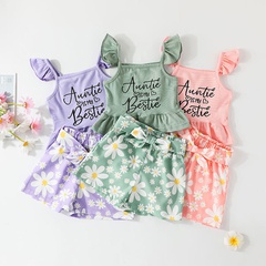 lettre imprimé jarretelle gilet floral shorts vêtements pour enfants costume deux pièces