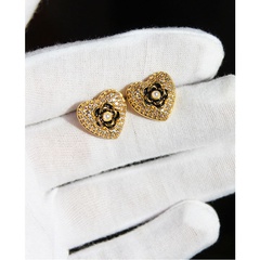 fashion heart black drop glaze camellia pearl copper gold-plated earrings