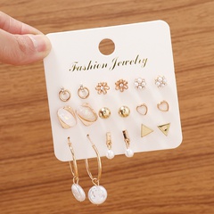 Retro simple pearl geometric earrings 9-piece set