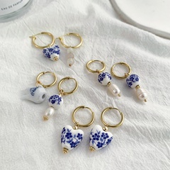 retro blue white porcelain enamel drip oil heart-shaped ceramic resin earrings