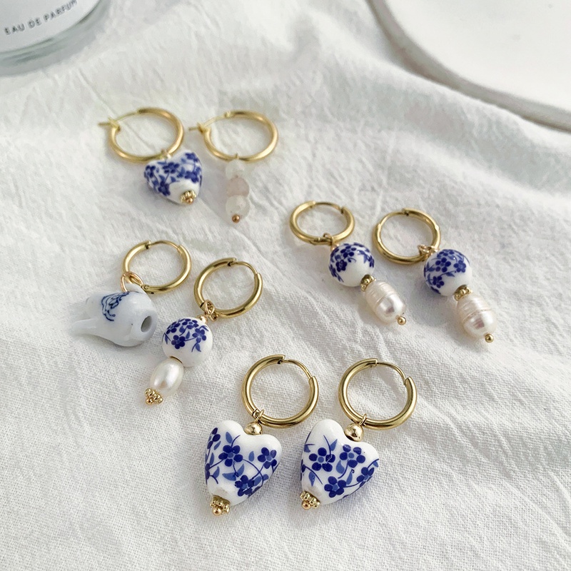 retro blue white porcelain enamel drip oil heartshaped ceramic resin earrings