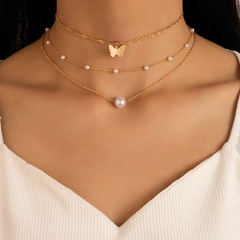 simple pearl butterfly three-layer geometric beaded multi-layer alloy clavicle chain