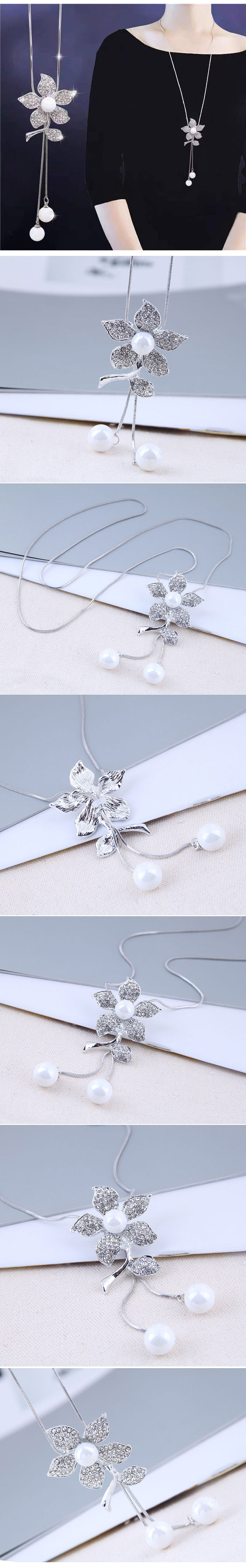 Exquisite Korean fashion metal flash diamond small flower drop ear pearl long necklace  sweater chainpicture1