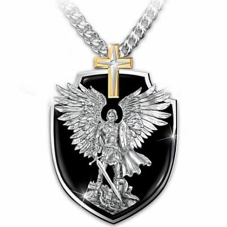 fashion cross men's brand lettering pendant retro knight wings shield pendant necklace's discount tags