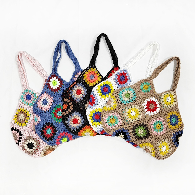 ethnic style color splicing plaid knit handbag 3227cm