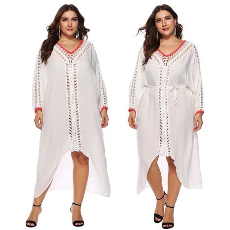 plus size hand hook stitching long-sleeved hollow loose beach outdoor cover-up dress's discount tags