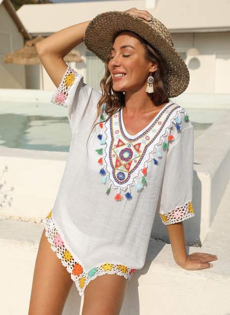 style ethnique couleur contraste couleur main crochet couture manches courtes irrégulière lâche plage blouse robe's discount tags