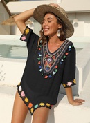 ethnic style color contrast color hand hook stitching short sleeve irregular loose beach blouse dresspicture9