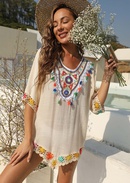 ethnic style color contrast color hand hook stitching short sleeve irregular loose beach blouse dresspicture10