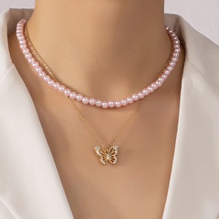 Mode diamant papillon pendentif multicouche mignon rose perle clavicule chaîne femme