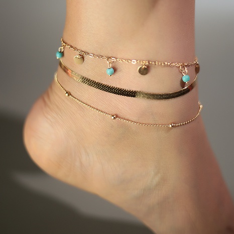 new Bohemian geometric turquoise disc double-layer alloy anklet set's discount tags