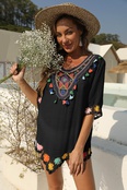 ethnic style color contrast color hand hook stitching short sleeve irregular loose beach blouse dresspicture12