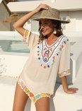 ethnic style color contrast color hand hook stitching short sleeve irregular loose beach blouse dresspicture13
