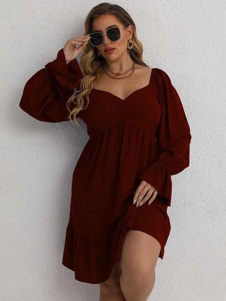plus size long-puff sleeve low-cut slim solid color dress's discount tags