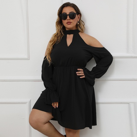 plus size hollow lace-up off-the-shoulder long-sleeved solid color dress's discount tags