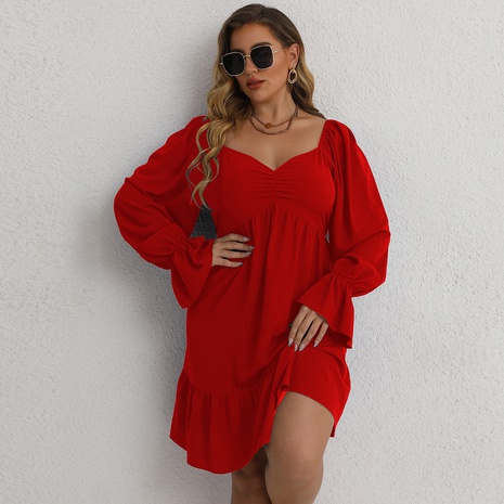 plus size long-puff sleeve low-cut solid color dress's discount tags