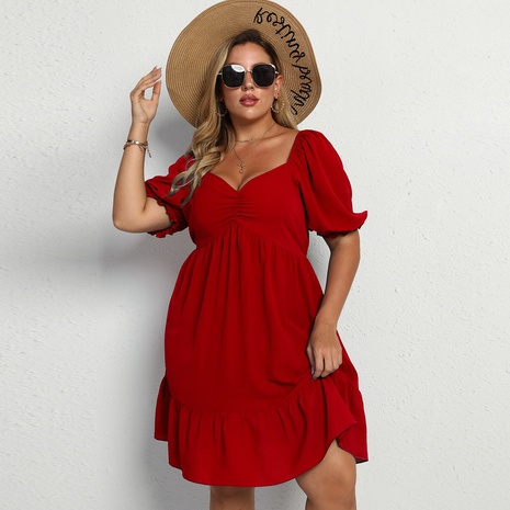 plus size short-puff sleeve low-cut solid color dress's discount tags