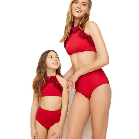 nuevo traje de baño dividido de color sólido de cintura alta para padres e hijos's discount tags