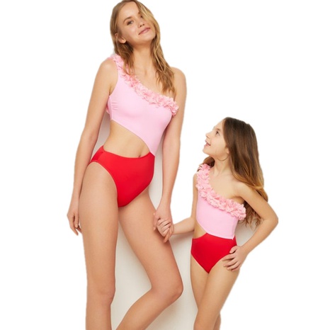 new parent-child one-piece swimsuit two-color stitching petal swimsuit's discount tags