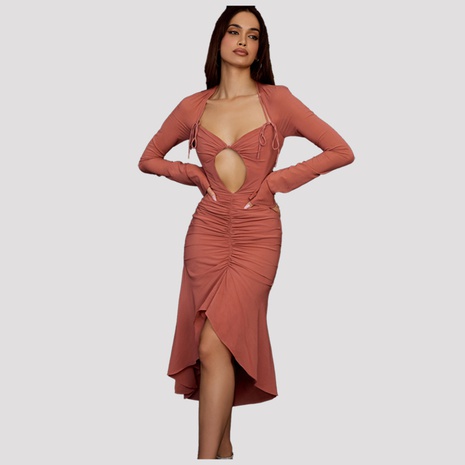 solid color Long Sleeve Hollow Dress's discount tags