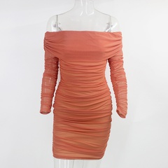 mesh pleated one-word collar long-sleeved tight dress