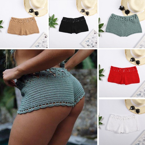 sexy crochet lace hollow solid color boxer shorts's discount tags