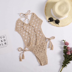 sexy halter strap woven hollow knitted beach bikini one-piece swimsuit