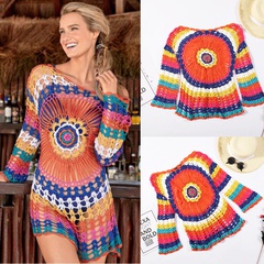 simple hand-crocheted rainbow hollow loose long-sleeved bikini swimsuit blouse