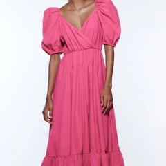 new solid color puff sleeve midi dress