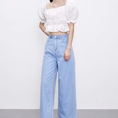 new square collar ruffled solid color shirt
