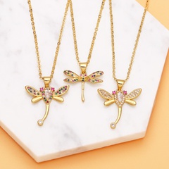 fashion color zircon jewelry dragonfly insect pendant copper plated 18K gold necklace