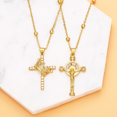 Mode jésus croix pendentif collier personnalité hip-hop couronne croix cuivre clavicule chaîne's discount tags