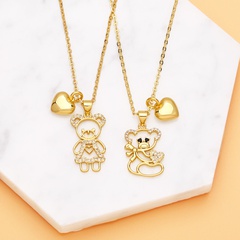 fashion double pendant copper necklace heart shape bear collarbone chain