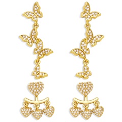simple long tassel heart-shaped butterfly copper gold-plated inlaid zircon earrings