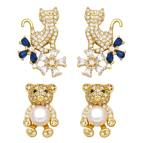 Boucles d'oreilles en zircon incrusté de cuivre plaqué or avec perle d'ours à la mode's discount tags