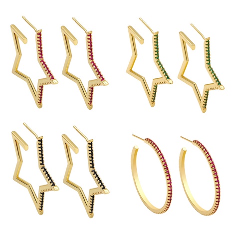 Boucles d'oreilles géométriques en plaqué or 18 carats avec cercle de zircon couleur cuivre simple et étoile à cinq branches's discount tags