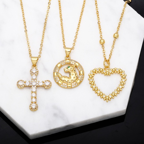 retro cross heart shape leopard pendant copper necklace simple choker's discount tags