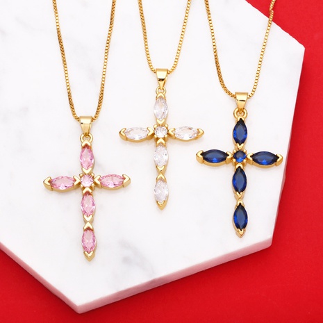 fashion cross copper gold-plated inlaid color zircon necklace's discount tags