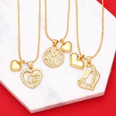 Créatif double coeur pendentif lettre maman cuivre plaqué or collier zircon incrusté
