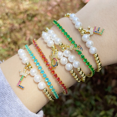 26 English letter bracelet fashion copper beads pearl elastic bracelet's discount tags