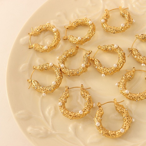 U-shaped imitation pearl zircon geometric titanium steel 18k earrings's discount tags