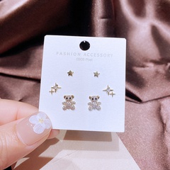 Fashion three pairs star cute bear micro-set zircon copper earrings