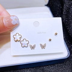 Simple Shell Flower Butterfly Copper Inlaid Zircon Stud Earrings 3 Set
