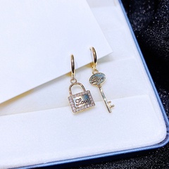 Fashion asymmetric lock key zircon micro-set copper earrings