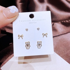 Fashion small bow cute bear three pairs combination copper earrings