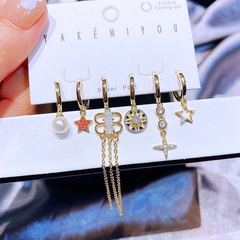 Fashion zircon pearl geometric tassel star copper earrings