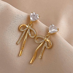 Fashion zircon heart-shaped bow copper earrings female
