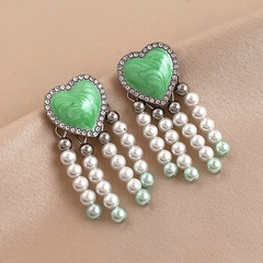 Fashion retro drop oil rhinestone heart-shaped pearl tassel copper earrings